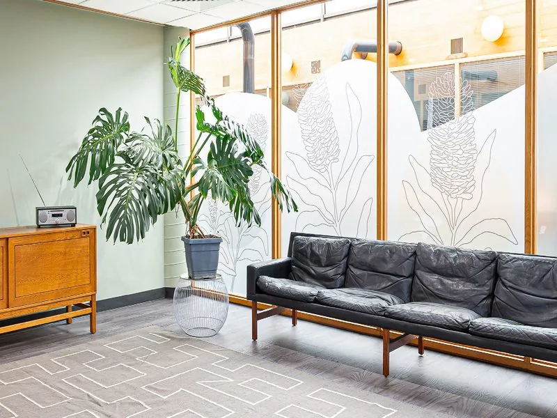 The reception lounge at OneBodyMind, Rose Park, with a leather sofa, plants and frosted botanical windows